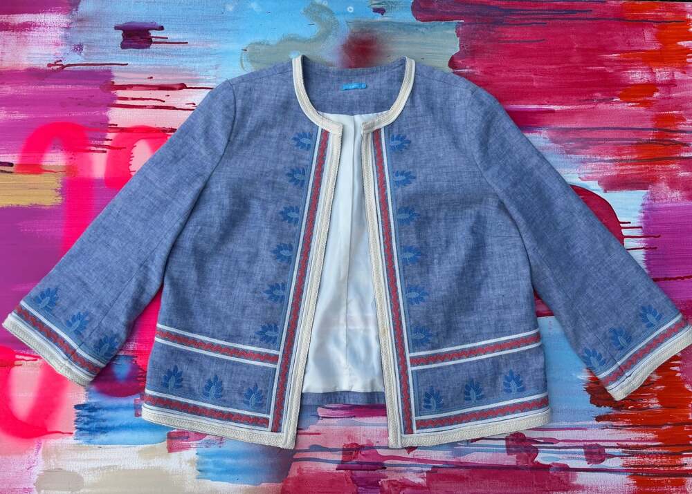 J.McLaughlin Embroidered Linen Blend Jacket, Blue/Red Trim, Size L
